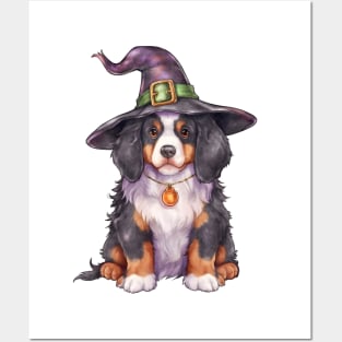 Watercolor Bernese Mountain Dog in Witch Hat Posters and Art